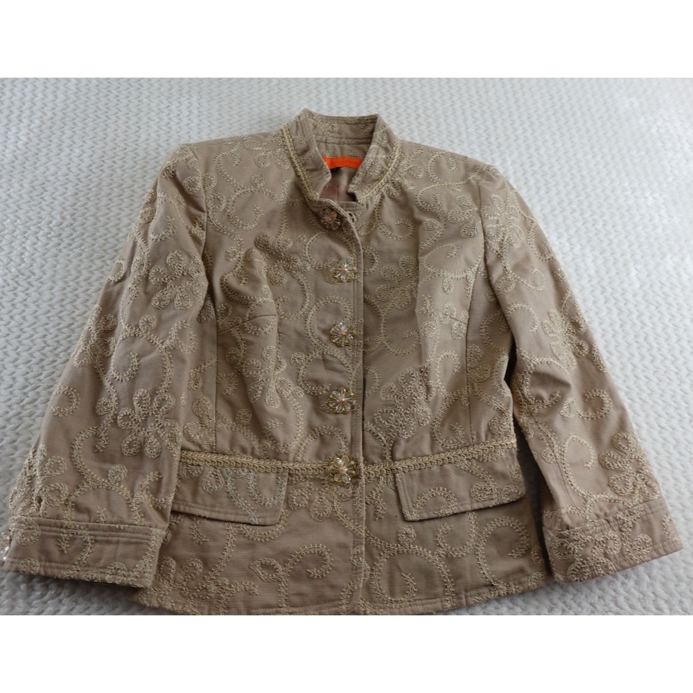 CYNTHIA STEFFE TAN EMBROIDERED MANDARIN COLLAR JACKET WITH JEWEL BUTTONS SIZE 8